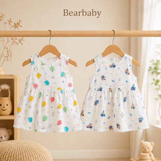 Bearbaby Pack of 2 Sleeveless Baby Girl Cotton Frocks with Balloon and Construction Vehicle Prints