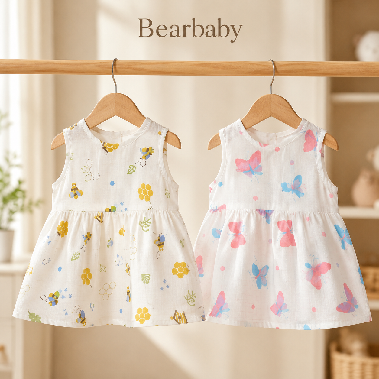Bearbaby Pack of 2 Sleeveless Baby Girl Frocks in Soft Breathable Cotton with Balloon and Construction Vehicle Prints for Newborns and Infants