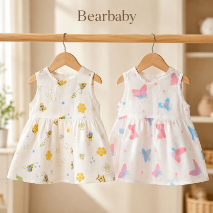 Bearbaby Pack of 2 Sleeveless Baby Girl Frocks in Soft Breathable Cotton with Balloon and Construction Vehicle Prints for Newborns and Infants