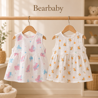 Bearbaby Sleeveless Baby Frocks Combo for Infants with Lightweight Cotton Fabric and Playful Printed Artwork