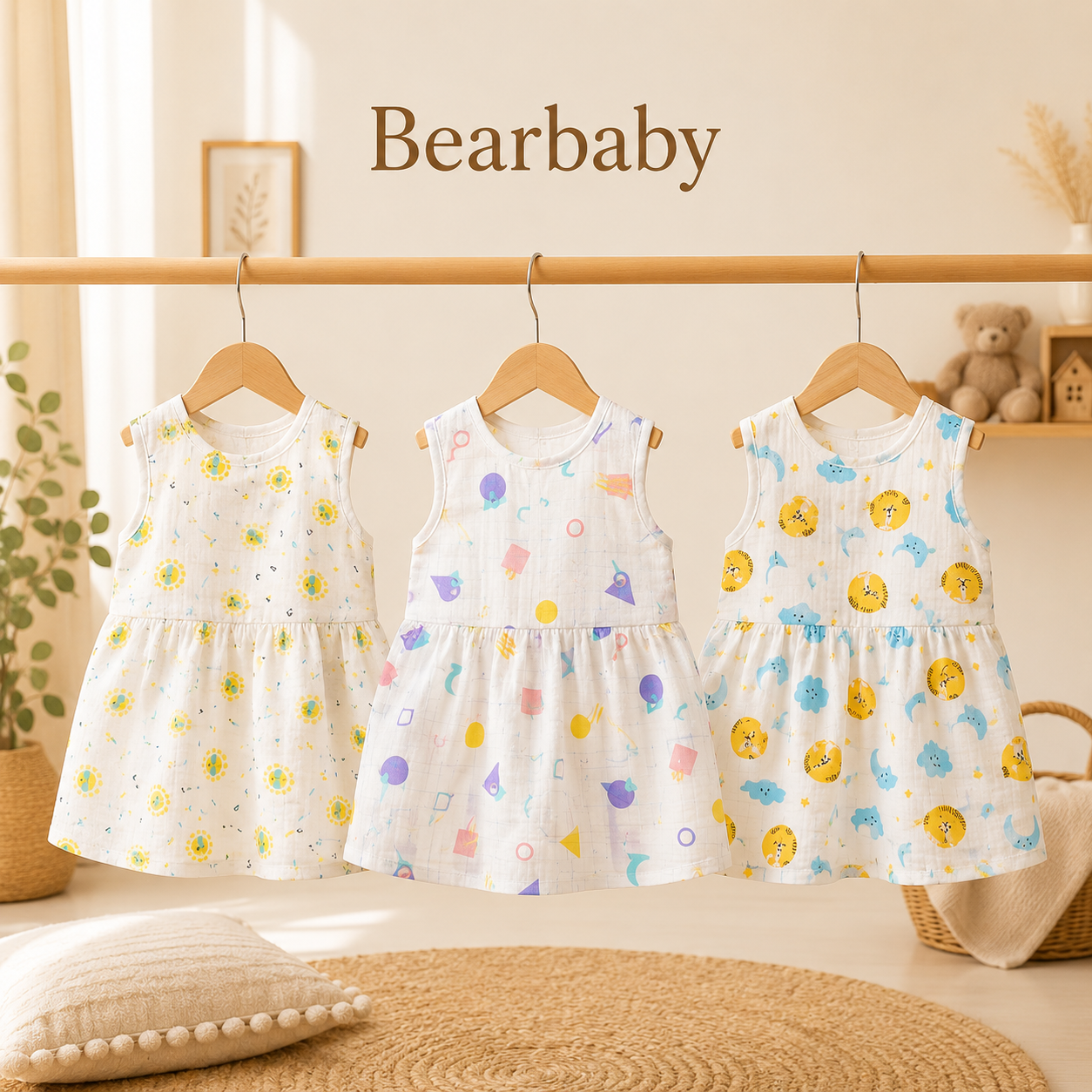 Bearbaby Pack of 3 Sleeveless Baby Girl Frocks in Soft Breathable Cotton with Sunflower, Geometric and Cute Animal Prints for Newborns and Infants