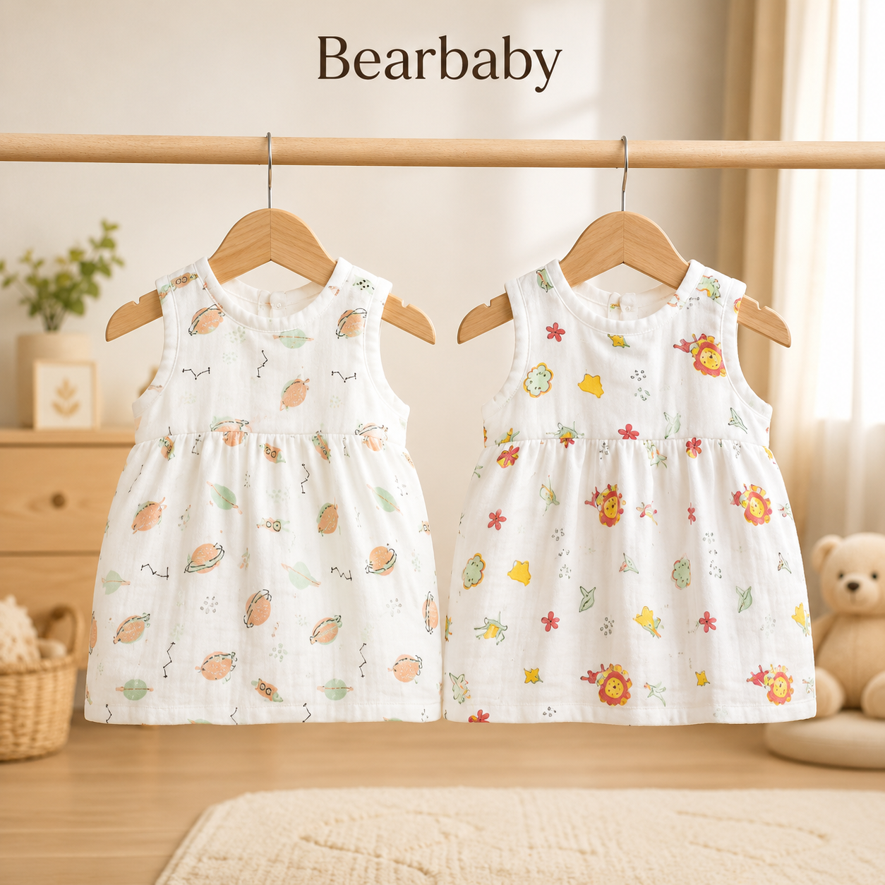 Bearbaby Pack of 2 Sleeveless Baby Frocks in Soft Cotton with Space and Lion Print for Girls
