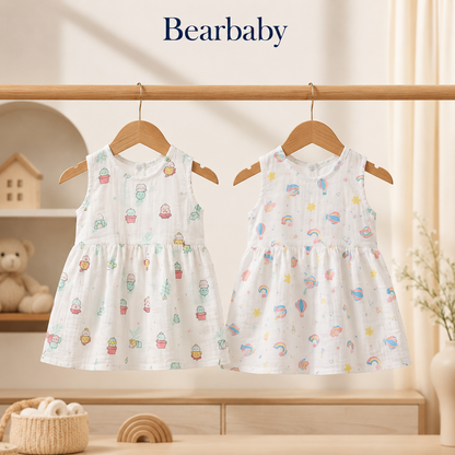 Bearbaby Pack of 2 Sleeveless Baby Girl Frocks in Soft Breathable Cotton with Space Theme and Lion Print for Newborns and Infants