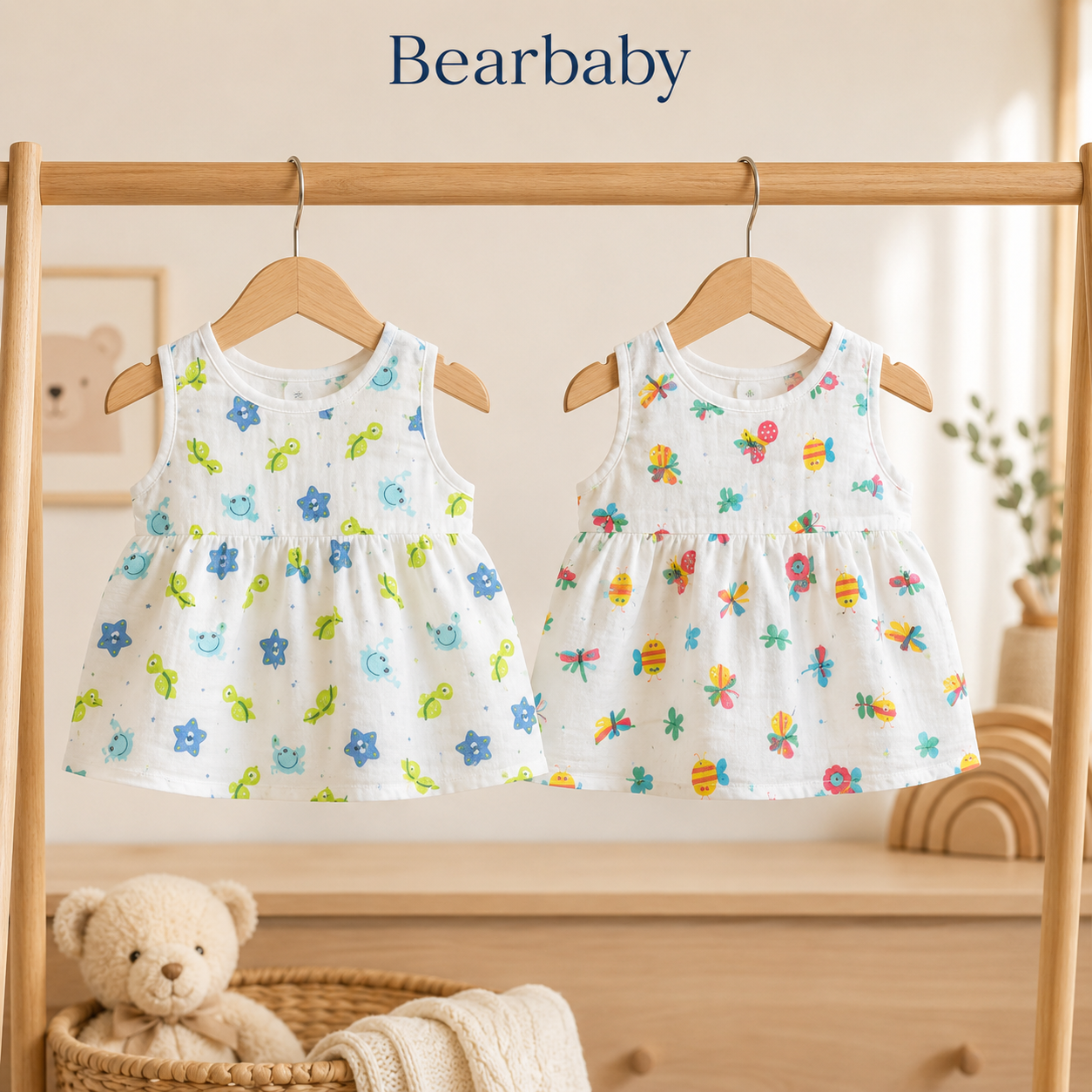 Soft Cotton Sleeveless Baby Girl Dress Combo with Space Print and Animal Floral Design for Newborns
