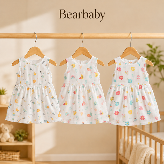 Pack of 3 Newborn Baby Girl Sleeveless Cotton Dresses with Soft Fabric and Adorable Printed Patterns