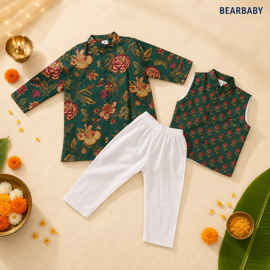 Bearbaby Baby Boys Kurta Pajama with Nehru Jacket 0M–3Y | Neel Panna Gulzar