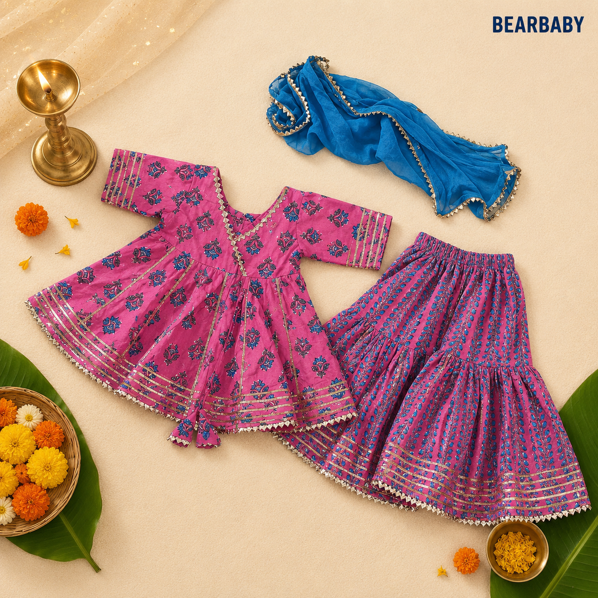 Bearbaby Sibling Ethnic Wear Set 0M–3Y | Gulabi Rani Neel Pushp  BUNDLE SET