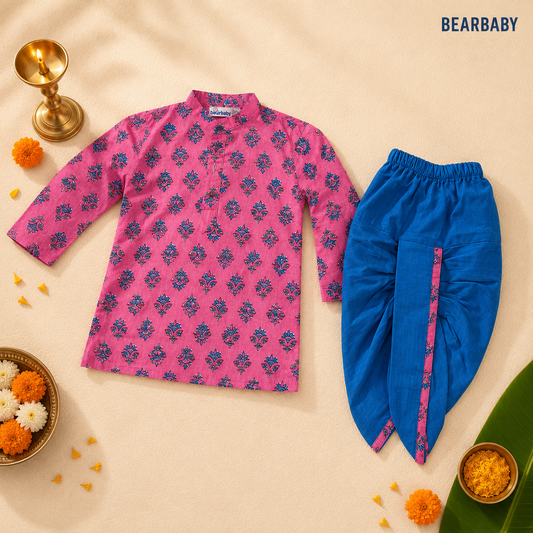 Bearbaby Neelam Indigo Botanical Bloom premium cotton baby boys kurta dhoti set for newborn infant toddler festive ethnic wear