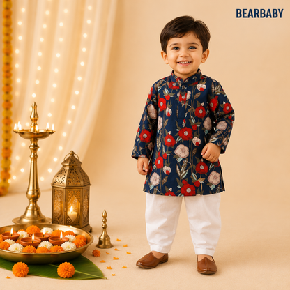 Bearbaby Baby Boys Kurta Pajama with Nehru Jacket 0M–3Y | Rajwadi Neel Chandrika