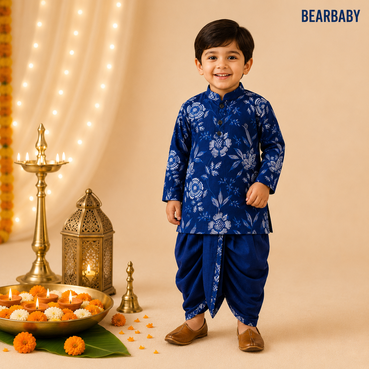 Bearbaby Neelam Indigo Botanical Bloom premium cotton baby boys kurta dhoti set for newborn infant toddler festive ethnic wear