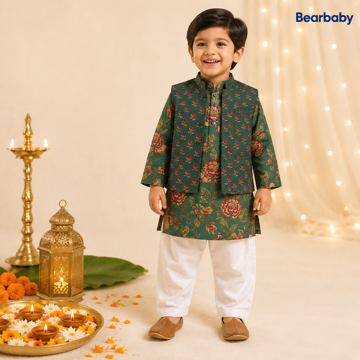Bearbaby Baby Boys Kurta Pajama with Nehru Jacket 0M–3Y | Neel Panna Gulzar