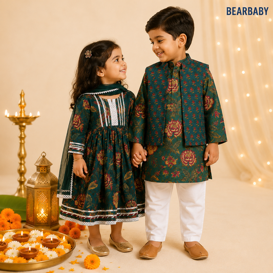 Bearbaby Sibling Ethnic Wear Set 0M–3Y | Rajwadi Neel Pushp Vatika