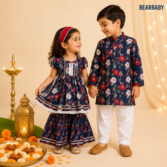 Bearbaby Rajwadi Neel Pushp Vatika sibling ethnic wear set matching baby boy floral kurta pajama and baby girl floral sharara set premium cotton festive clothing for Diwali Raksha Bandhan wedding 0M–3Y