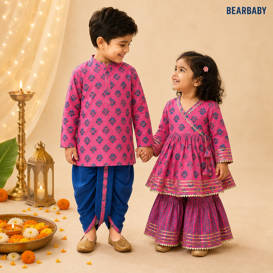 Bearbaby Sibling Ethnic Wear Set 0M–3Y | Gulabi Rani Neel Pushp
