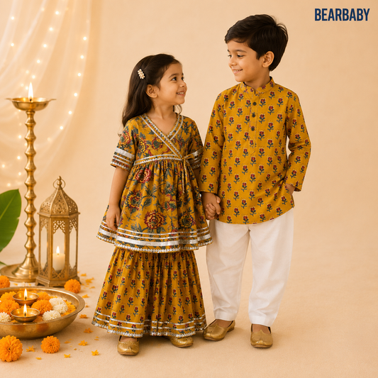 Bearbaby Sibling Ethnic Wear Set 0M–3Y | Kesar Zari Pushpangan