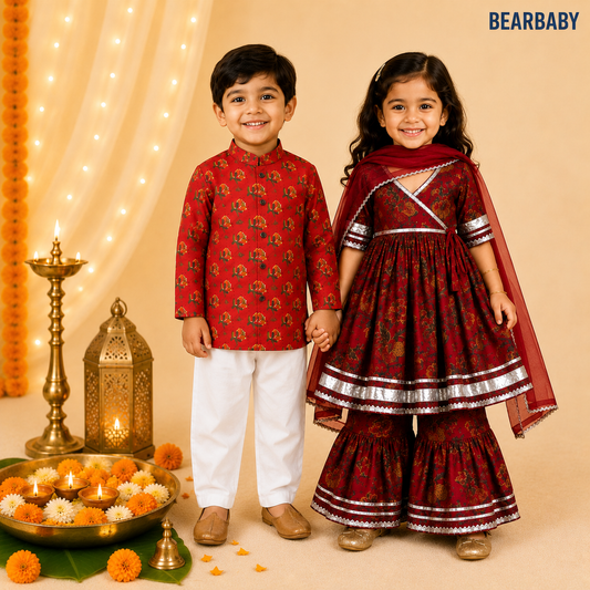 Bearbaby Sindoor Gulnaar Bageecha sibling ethnic wear set for baby boy and girl premium cotton matching kurta pajama and sharara set with dupatta for Diwali Raksha Bandhan wedding 0M–3Y