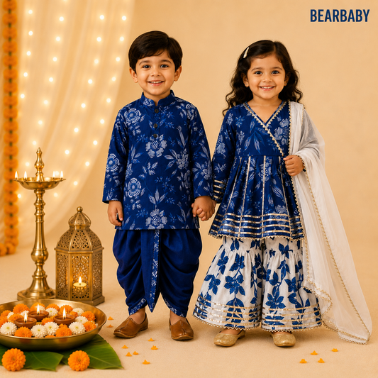 Bearbaby Sibling Ethnic Wear Set 0M–3Y | Rajwadi Neel Pushp Vatika BUNDLE SET