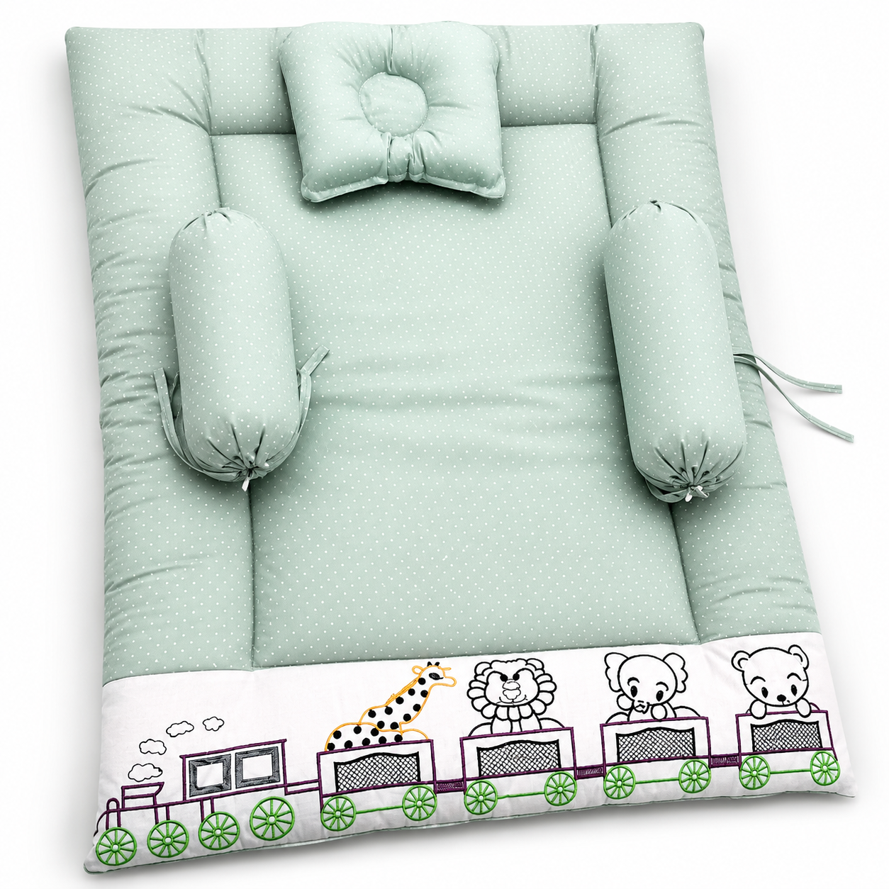 Bearbaby Mint Green Baby Sleeping Mattress Set with Pillow and Side Bolsters Featuring Embroidered Animal Train Design
