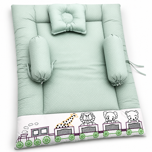 Bearbaby Mint Green Baby Sleeping Mattress Set with Pillow and Side Bolsters Featuring Embroidered Animal Train Design