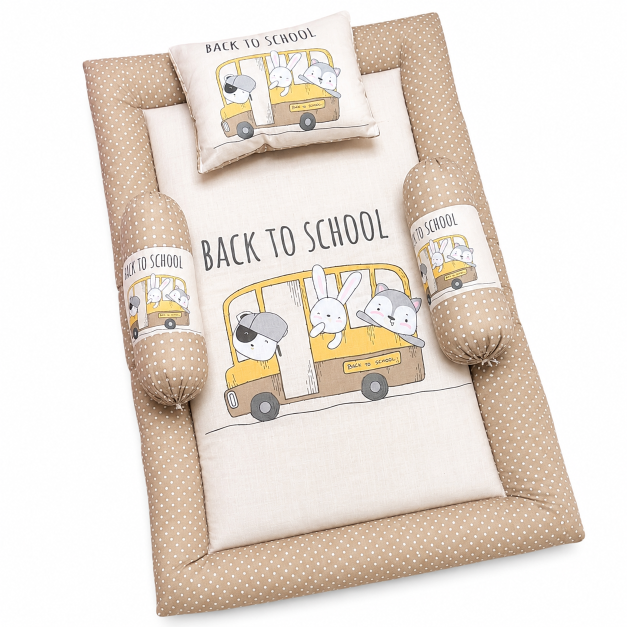 Bearbaby Baby Sleeping Mattress Set with Soft Cotton Pillow and Side Bolsters Featuring Cute Back to School School Bus Animal Print for Newborns and Infants