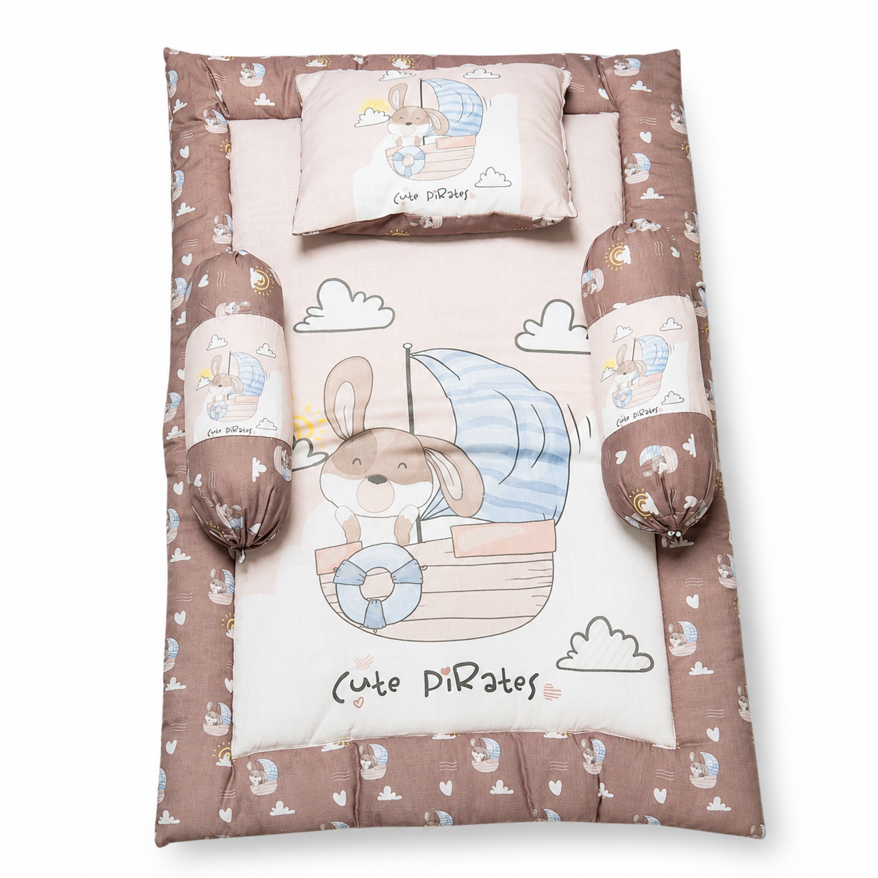 Bearbaby Baby Sleeping Mattress Set with Cute Pirates Bunny Sailboat Print, Soft Cotton Pillow and Side Bolsters for Newborns and Infants