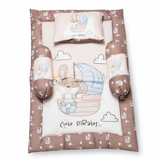 Bearbaby Baby Sleeping Mattress Set with Cute Pirates Bunny Sailboat Print, Soft Cotton Pillow and Side Bolsters for Newborns and Infants