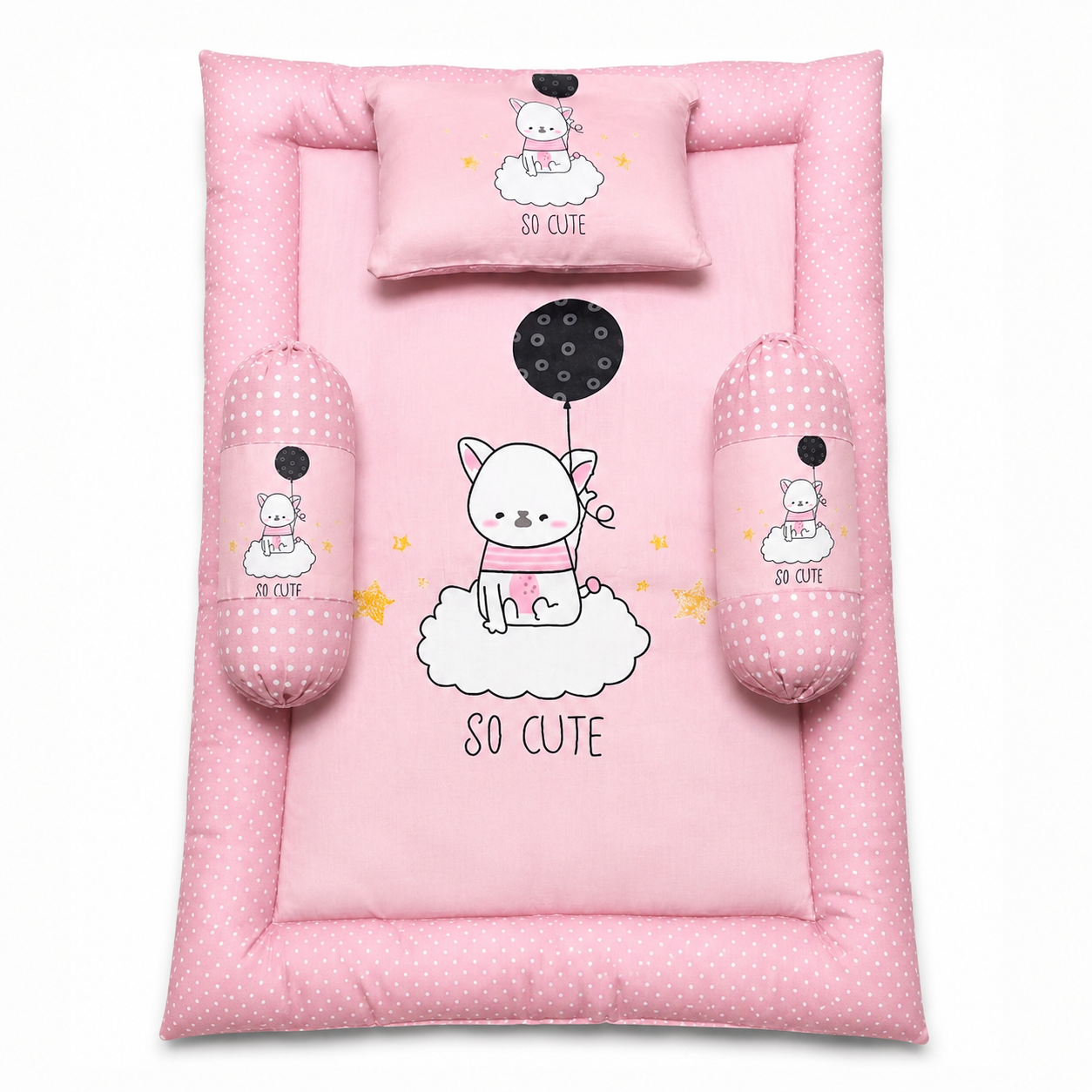 Bearbaby Pink Baby Sleeping Mattress Set with Cute Bunny So Cute Print, Soft Cotton Pillow and Side Bolsters for Newborns and Infants
