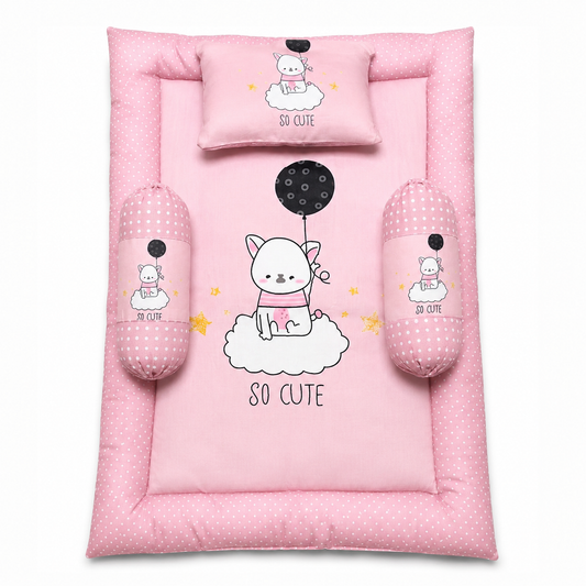Bearbaby Pink Baby Sleeping Mattress Set with Cute Bunny So Cute Print, Soft Cotton Pillow and Side Bolsters for Newborns and Infants