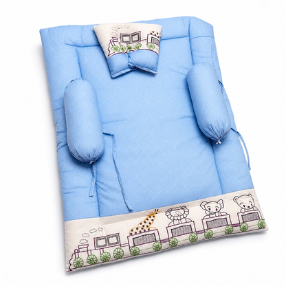 Bearbaby Blue Baby Sleeping Mattress Set with Soft Cotton Pillow and Side Bolsters Featuring Cute Embroidered Animal Train Design for Newborns and Infants
