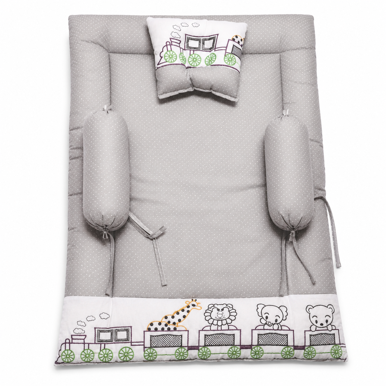 Bearbaby Grey Baby Sleeping Mattress Set with Soft Cotton Pillow and Side Bolsters Featuring Embroidered Animal Train Design for Newborns and Infants