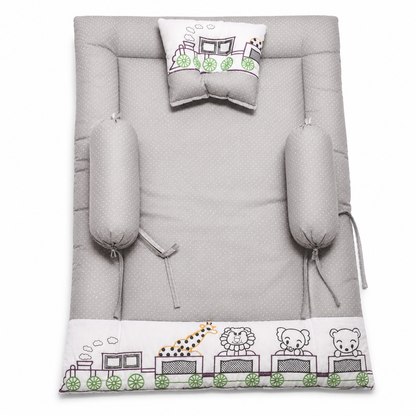 Bearbaby Grey Baby Sleeping Mattress Set with Soft Cotton Pillow and Side Bolsters Featuring Embroidered Animal Train Design for Newborns and Infants