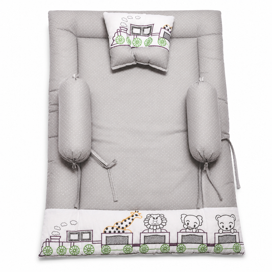 Bearbaby Grey Baby Sleeping Mattress Set with Soft Cotton Pillow and Side Bolsters Featuring Embroidered Animal Train Design for Newborns and Infants