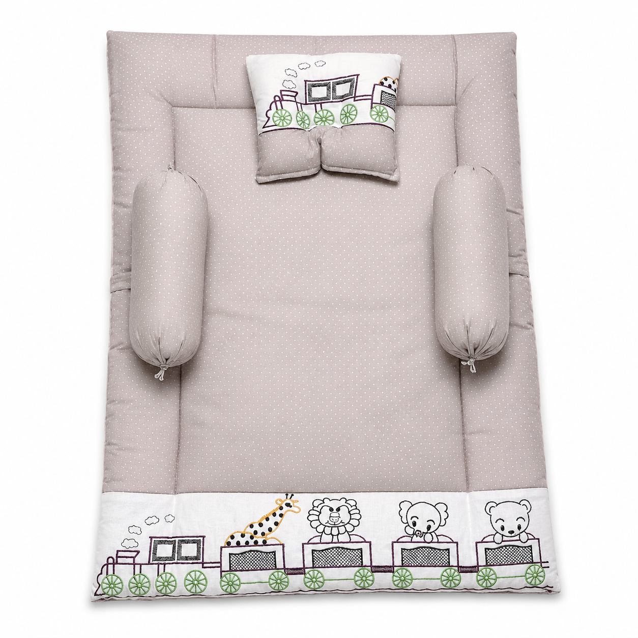 Comfortable Newborn Baby Mattress Set in Grey with Pillow, Side Bolsters and Cute Animal Embroidery