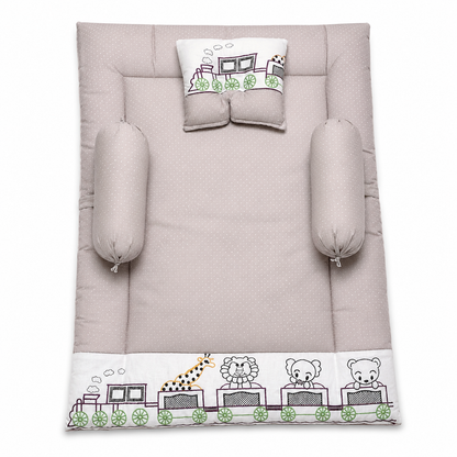 Comfortable Newborn Baby Mattress Set in Grey with Pillow, Side Bolsters and Cute Animal Embroidery