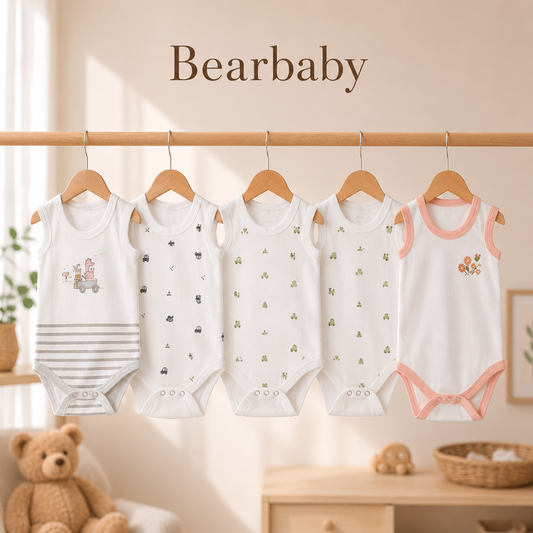 Bearbaby Soft Breathable Organic Cotton Sleeveless Baby Bodysuits Pack of 5 for Newborn Boys and Girls