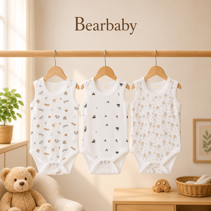 Bearbaby Organic Cotton Sleeveless Baby Bodysuit Combo Pack of 3 with Transport, Minimal and Floral Print Onesies for Newborn Babies