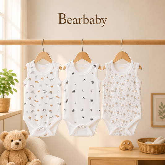 Bearbaby Organic Cotton Sleeveless Baby Bodysuit Combo Pack of 3 with Transport, Minimal and Floral Print Onesies for Newborn Babies