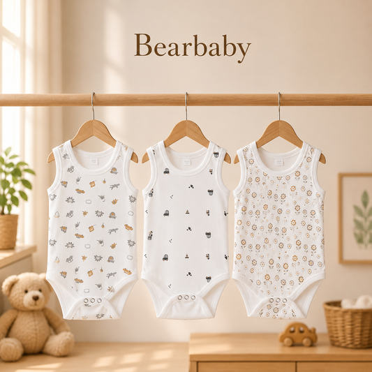 Bearbaby Soft Breathable Organic Cotton Sleeveless Baby Bodysuits Pack of 3 for Newborn Boys and Girls