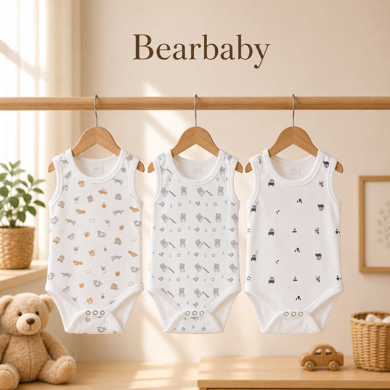 Bearbaby Newborn Baby Sleeveless Bodysuit Set of 3 with White Organic Cotton Printed Onesies for Everyday Wear