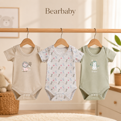Bearbaby Organic Cotton Baby Essentials Combo Pack of 3 Rompers with Floral and Star Print Designs