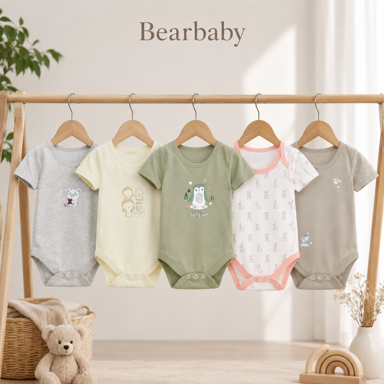 Premium Organic Cotton Baby Onesie Set of 5 by Bearbaby featuring Bear, Penguin, Bunny and Animal Print Designs