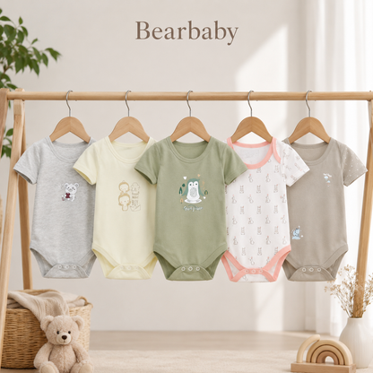 Premium Organic Cotton Baby Onesie Set of 5 by Bearbaby featuring Bear, Penguin, Bunny and Animal Print Designs