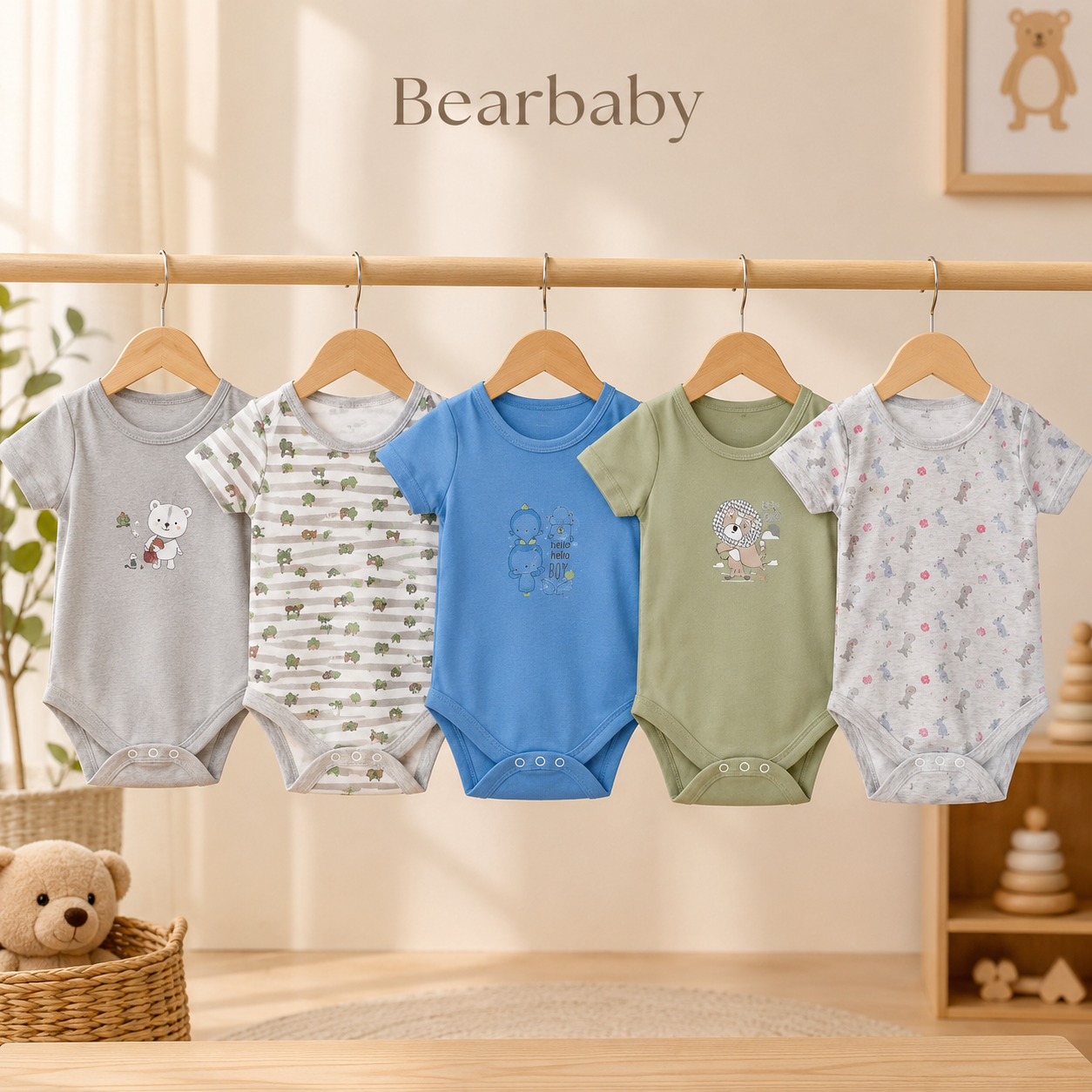 Bearbaby Soft Organic Cotton Baby Bodysuit Set of 5 for Newborns with Assorted Animal Print Designs