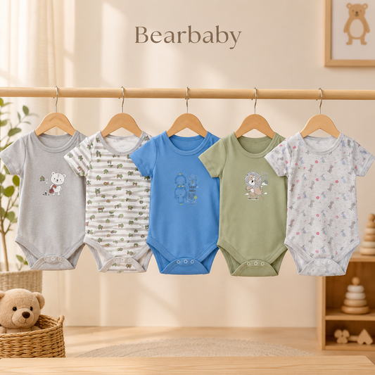 Bearbaby Soft Organic Cotton Baby Bodysuit Set of 5 for Newborns with Assorted Animal Print Designs