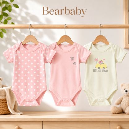 Premium Bearbaby Organic Cotton Baby Bodysuit Collection with Assorted Printed Short Sleeve Onesies for Infants
