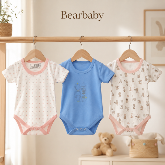 Bearbaby Newborn Baby Bodysuit Set of 3 with White, Pink and Beige Organic Cotton Onesies for Everyday Wear