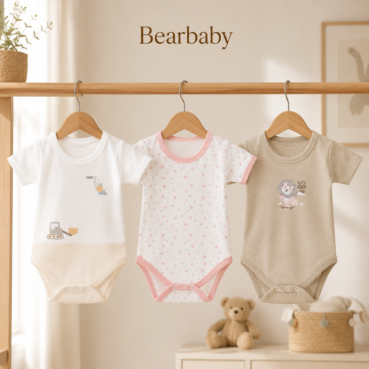 Bearbaby Organic Cotton Baby Bodysuit Combo Pack of 3 with Construction, Pink Star and Lion Print Onesies for Newborn Babies