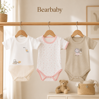 Bearbaby Organic Cotton Baby Bodysuit Combo Pack of 3 with Construction, Pink Star and Lion Print Onesies for Newborn Babies