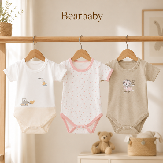 Bearbaby Organic Cotton Baby Bodysuit Combo Pack of 3 with Construction, Pink Star and Lion Print Onesies for Newborn Babies