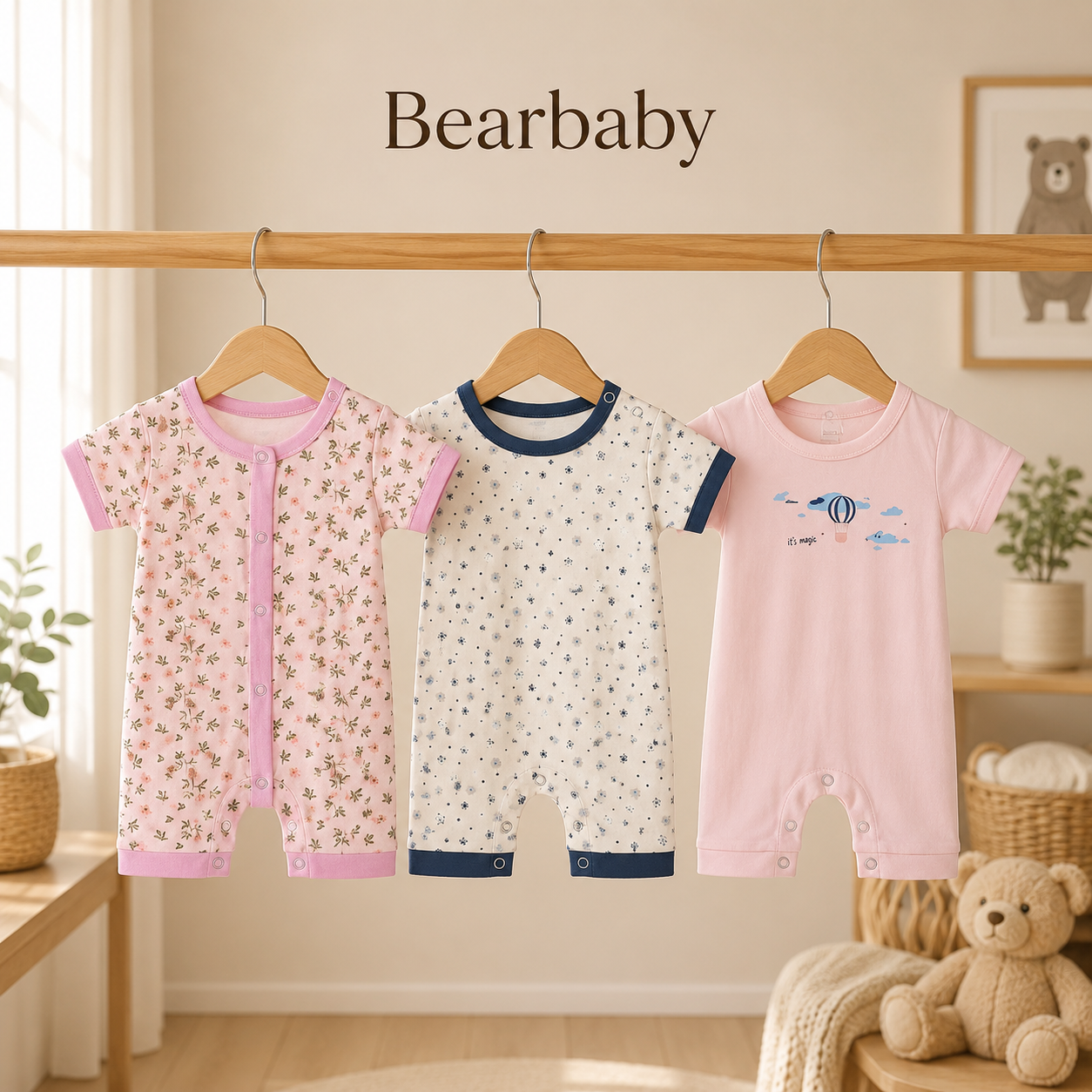 Soft Organic Cotton Baby Romper Set of 3 by Bearbaby with White Floral Print and Pink Printed Everyday Wear